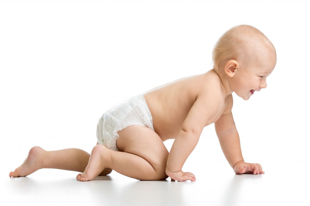 funny baby goes down on all fours